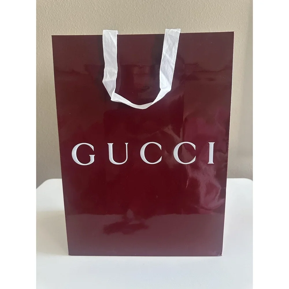 Gucci Store‎ Shopping Gift Bag Burgundy Glossy Paper Large White Ribbon Handles